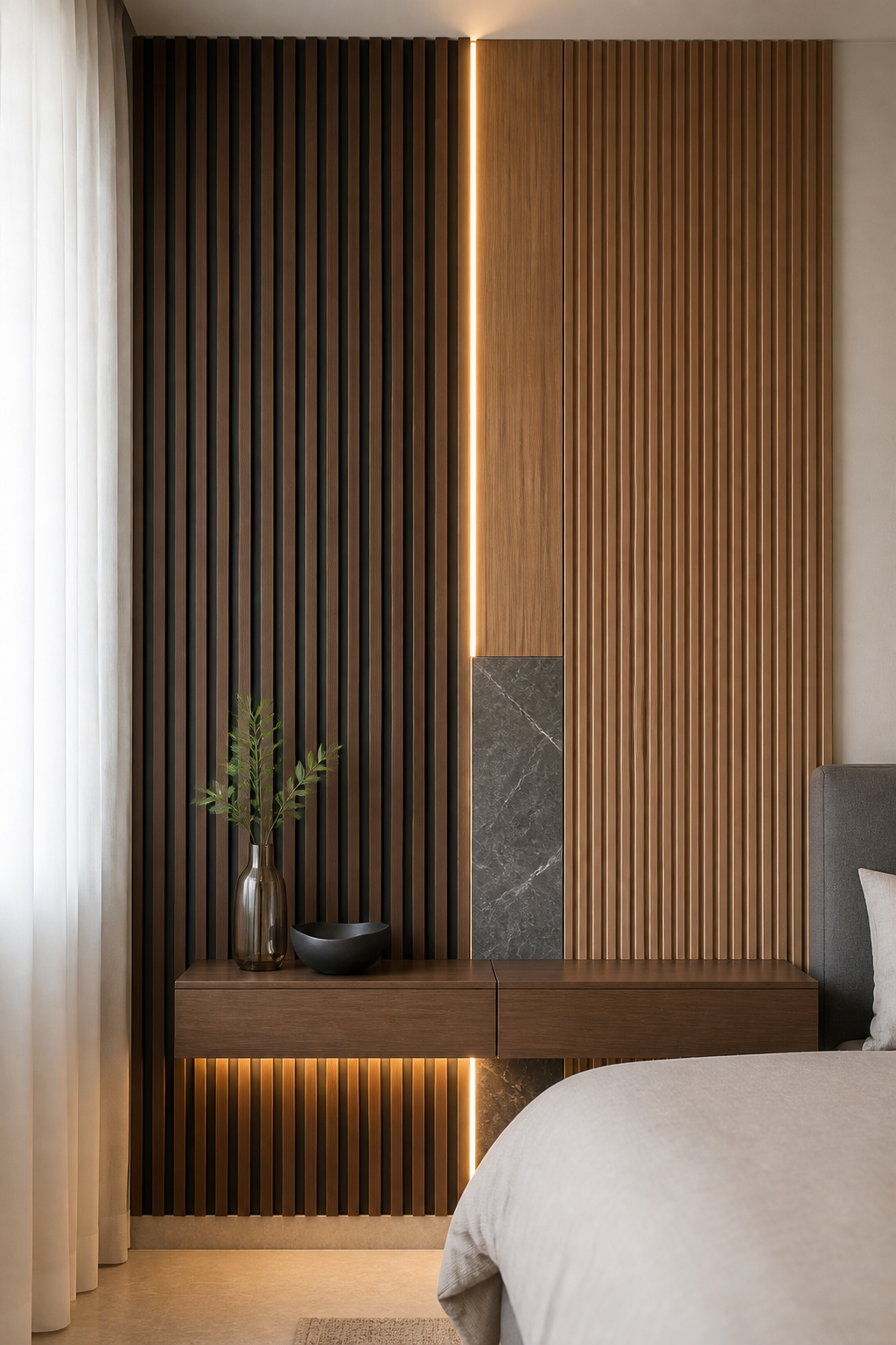 Feature wall with Akupanels, fluted panels, marble PVC, and LED shelf